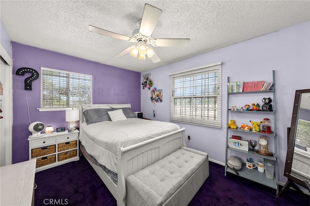 5015 Berryhill Pl, Riverside, CA 92507 - bedroom featuring carpet floors, multiple windows, a textured ceiling, and a ceiling fan