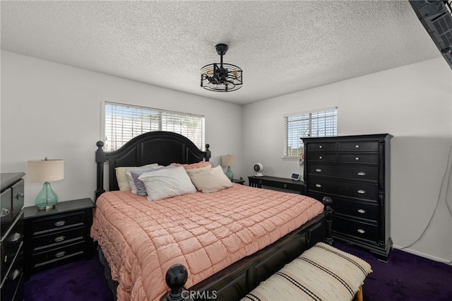5015 Berryhill Pl, Riverside, CA 92507 - bedroom with multiple windows, dark colored carpet, and a textured ceiling