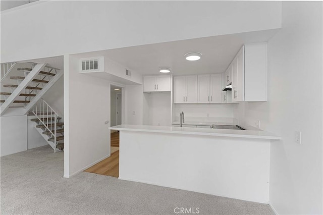 1404 N Tustin Ave Unit H1, Santa Ana, CA 92705 - kitchen featuring light colored carpet, a peninsula, white cabinets, and under cabinet range hood