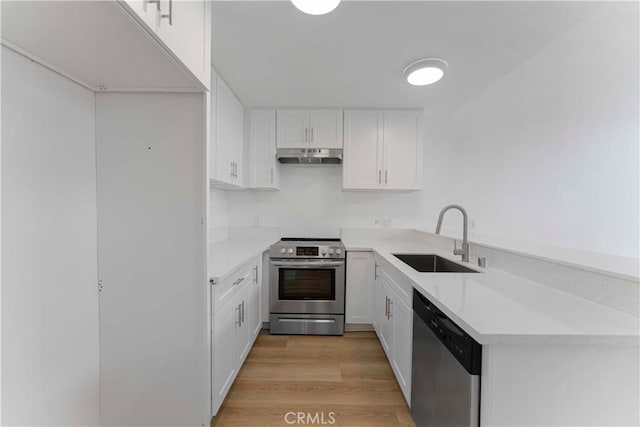 1404 N Tustin Ave Unit H1, Santa Ana, CA 92705 - kitchen with appliances with stainless steel finishes, under cabinet range hood, white cabinetry, light countertops, and light wood finished floors