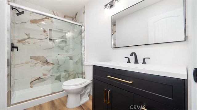 1208 Del Haven Ct, Redlands, CA 92374 - full bath with vanity, a marble finish shower, wood finished floors, and toilet