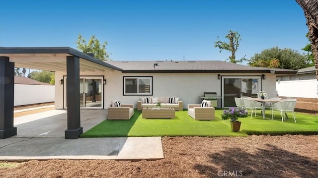 1208 Del Haven Ct, Redlands, CA 92374 - rear view of property with stucco siding, outdoor lounge area, and a patio area