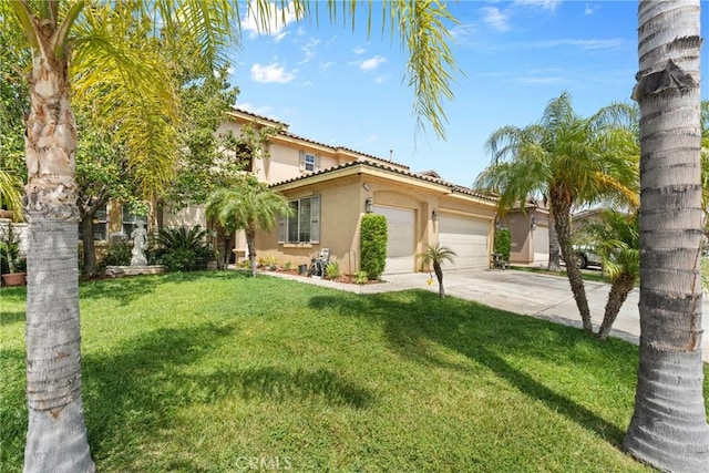 3410 Fieldcrest Ct, Perris, CA 92571 - view of front facade featuring stucco siding, a garage, concrete driveway, a tile roof, and a front lawn