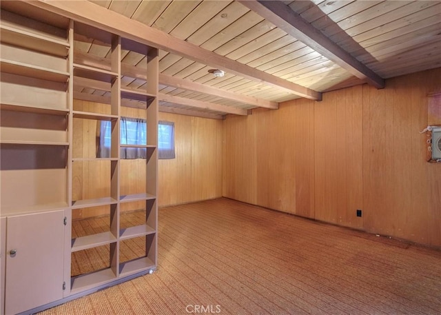 124 Mauna Loa Dr, Monrovia, CA 91016 - below grade area featuring wooden ceiling, wood walls, and carpet floors
