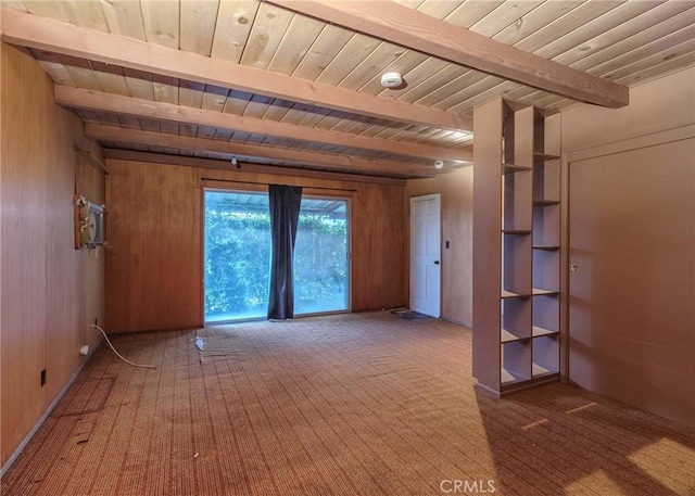 124 Mauna Loa Dr, Monrovia, CA 91016 - unfurnished room featuring carpet flooring, a wooden ceiling with exposed beams, wood walls, and a smoke detector