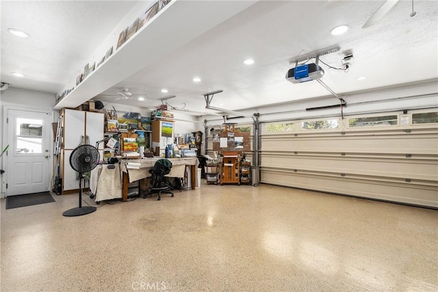 17927 Sun Hill Dr, Yorba Linda, CA 92886 - garage featuring a garage door opener, recessed lighting, and ceiling fan