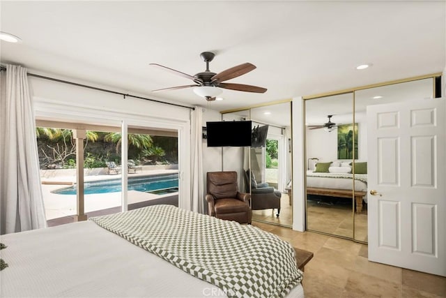 17927 Sun Hill Dr, Yorba Linda, CA 92886 - bedroom featuring two closets, recessed lighting, a ceiling fan, and access to outside