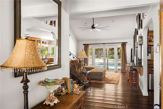 17927 Sun Hill Dr, Yorba Linda, CA 92886 - living room with arched walkways, vaulted ceiling, wood finished floors, and a ceiling fan