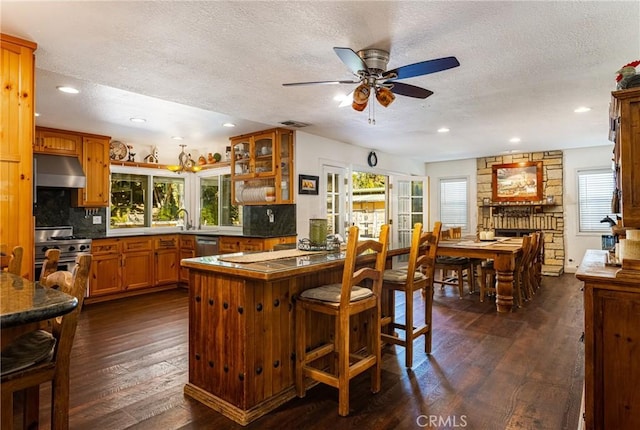 17927 Sun Hill Dr, Yorba Linda, CA 92886 - kitchen with appliances with stainless steel finishes, a textured ceiling, ventilation hood, a ceiling fan, and backsplash