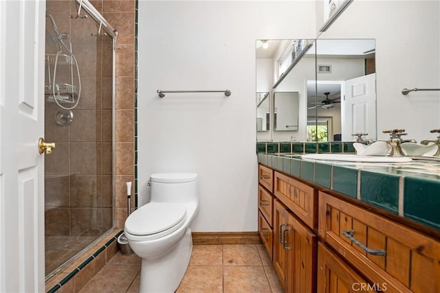 17927 Sun Hill Dr, Yorba Linda, CA 92886 - bathroom featuring vanity, a ceiling fan, a stall shower, tile patterned floors, and toilet