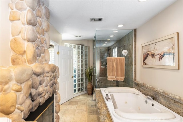 17927 Sun Hill Dr, Yorba Linda, CA 92886 - bathroom with a stall shower, a whirlpool tub, a stone fireplace, recessed lighting, and stone finish flooring