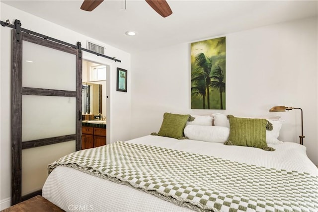 17927 Sun Hill Dr, Yorba Linda, CA 92886 - bedroom featuring a barn door, a sink, recessed lighting, and ceiling fan