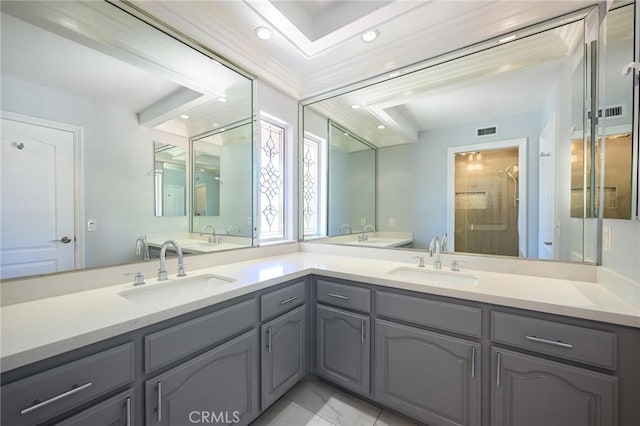 20485 Via Canarias, Yorba Linda, CA 92887 - full bathroom with double vanity, a shower stall, and recessed lighting