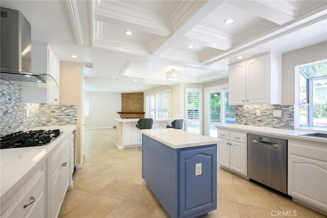 20485 Via Canarias, Yorba Linda, CA 92887 - kitchen with dishwasher, wall chimney range hood, coffered ceiling, a kitchen island, and recessed lighting