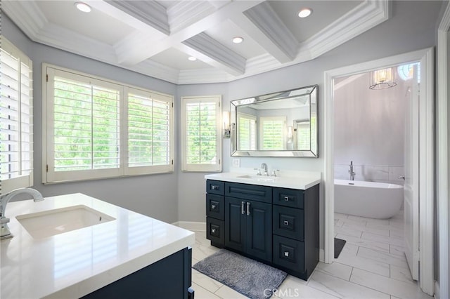 20485 Via Canarias, Yorba Linda, CA 92887 - bathroom featuring two vanities, a freestanding bath, crown molding, beam ceiling, and coffered ceiling