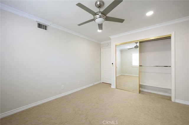 20485 Via Canarias, Yorba Linda, CA 92887 - unfurnished bedroom featuring ornamental molding, carpet floors, a closet, ceiling fan, and recessed lighting