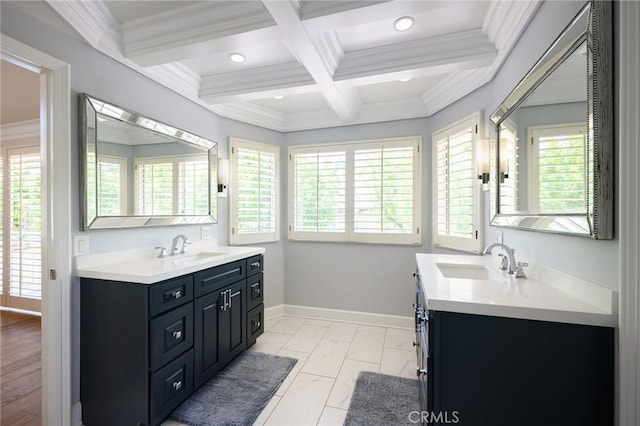 20485 Via Canarias, Yorba Linda, CA 92887 - bathroom with two vanities, beam ceiling, recessed lighting, coffered ceiling, and crown molding