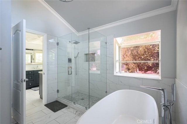 20485 Via Canarias, Yorba Linda, CA 92887 - bathroom with ornamental molding, a soaking tub, a stall shower, vanity, and marble finish floors