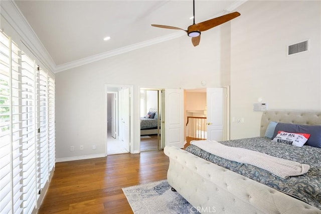 20485 Via Canarias, Yorba Linda, CA 92887 - bedroom with wood finished floors, ornamental molding, baseboards, high vaulted ceiling, and a ceiling fan