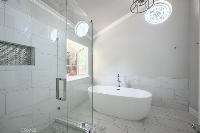 20485 Via Canarias, Yorba Linda, CA 92887 - bathroom featuring marble finish floors, a soaking tub, tile walls, a shower stall, and lofted ceiling