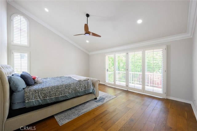 20485 Via Canarias, Yorba Linda, CA 92887 - bedroom with wood finished floors, vaulted ceiling, access to outside, crown molding, and ceiling fan