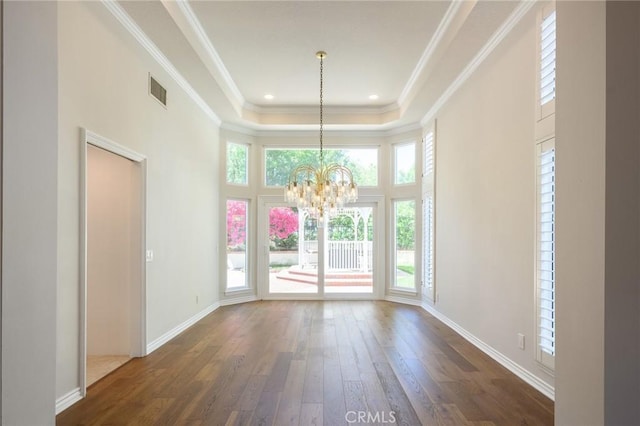 20485 Via Canarias, Yorba Linda, CA 92887 - unfurnished room with dark wood finished floors, a chandelier, crown molding, baseboards, and a towering ceiling