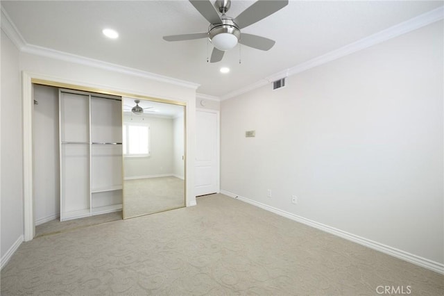 20485 Via Canarias, Yorba Linda, CA 92887 - unfurnished bedroom with carpet, ornamental molding, recessed lighting, a closet, and ceiling fan