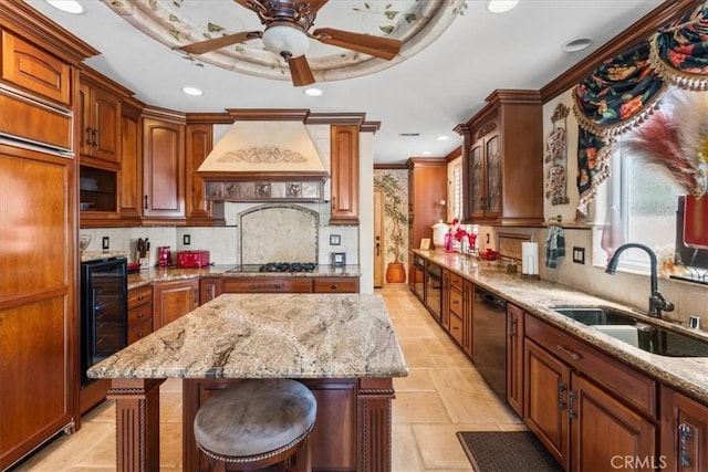 1506 Bergman Ct, Brea, CA 92821 - kitchen featuring custom exhaust hood, dishwasher, beverage cooler, ceiling fan, and black stovetop