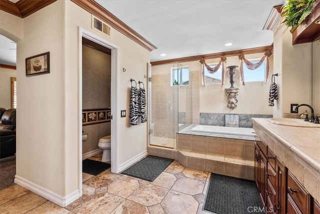 1506 Bergman Ct, Brea, CA 92821 - bathroom with ornamental molding, a garden tub, a shower stall, vanity, and recessed lighting