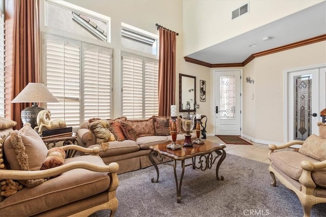 1506 Bergman Ct, Brea, CA 92821 - living room featuring ornamental molding, tile patterned flooring, and a high ceiling