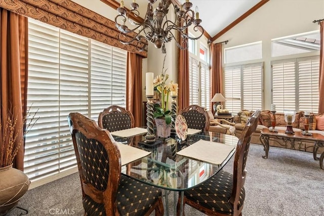 1506 Bergman Ct, Brea, CA 92821 - dining space with carpet floors, lofted ceiling, and a chandelier