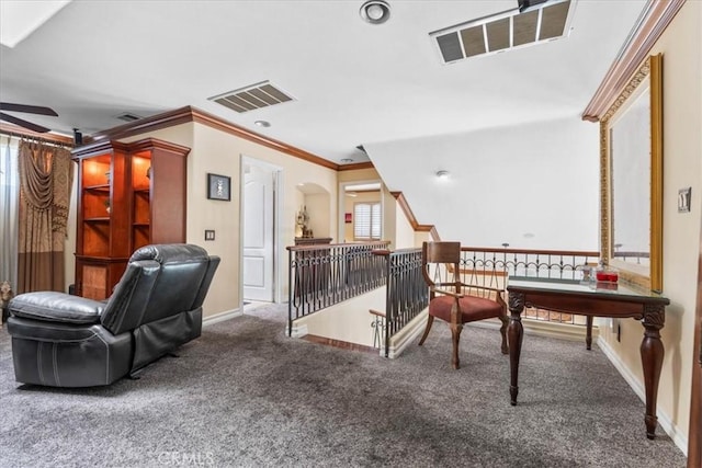 1506 Bergman Ct, Brea, CA 92821 - carpeted office space with ornamental molding, ceiling fan, and arched walkways