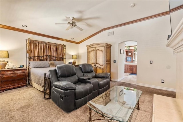 1506 Bergman Ct, Brea, CA 92821 - bedroom featuring light colored carpet, lofted ceiling, arched walkways, ornamental molding, and a ceiling fan