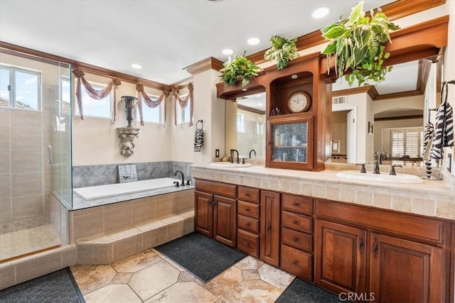 1506 Bergman Ct, Brea, CA 92821 - bathroom featuring crown molding, a stall shower, double vanity, a garden tub, and recessed lighting