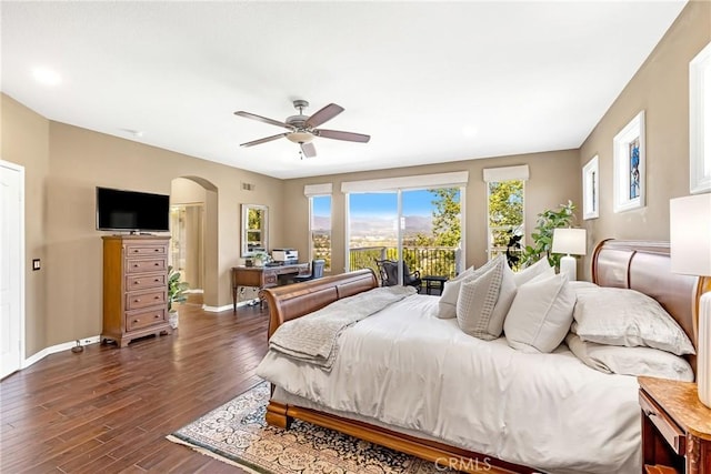23848 Skyline, Mission Viejo, CA 92692 - bedroom with arched walkways, dark wood-style flooring, baseboards, a ceiling fan, and recessed lighting