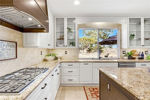 23848 Skyline, Mission Viejo, CA 92692 - kitchen featuring custom exhaust hood, stainless steel appliances, a sink, tasteful backsplash, and light stone counters