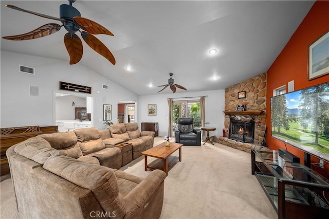 802 Duval St, La Verne, CA 91750 - living area with a ceiling fan, light colored carpet, a fireplace, high vaulted ceiling, and recessed lighting