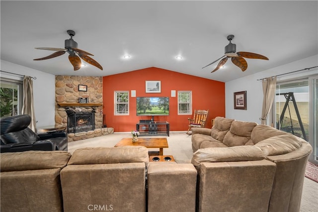 802 Duval St, La Verne, CA 91750 - carpeted living area with a ceiling fan, lofted ceiling, and a fireplace