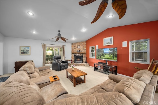 802 Duval St, La Verne, CA 91750 - living room featuring ceiling fan, lofted ceiling, a fireplace, carpet floors, and recessed lighting