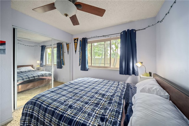 802 Duval St, La Verne, CA 91750 - carpeted bedroom featuring a textured ceiling, a closet, and a ceiling fan