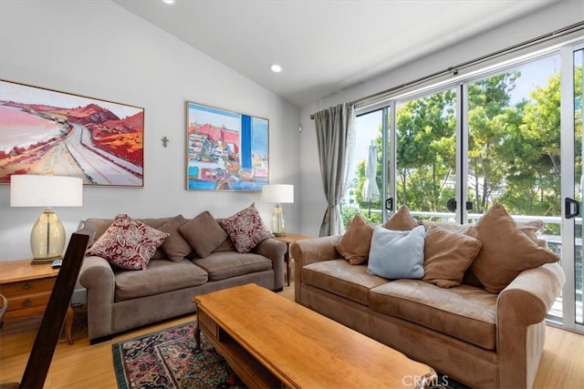 223 San Miguel St, Avila Beach, CA 93424 - living area with vaulted ceiling, wood finished floors, and recessed lighting