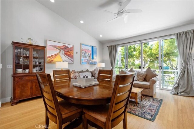 223 San Miguel St, Avila Beach, CA 93424 - dining room with lofted ceiling, light wood-style flooring, ceiling fan, and recessed lighting