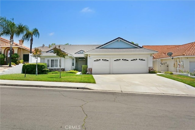 39654 Bordeaux Pl, Murrieta, CA 92562 - ranch-style home with a garage, a front lawn, concrete driveway, a tile roof, and stucco siding