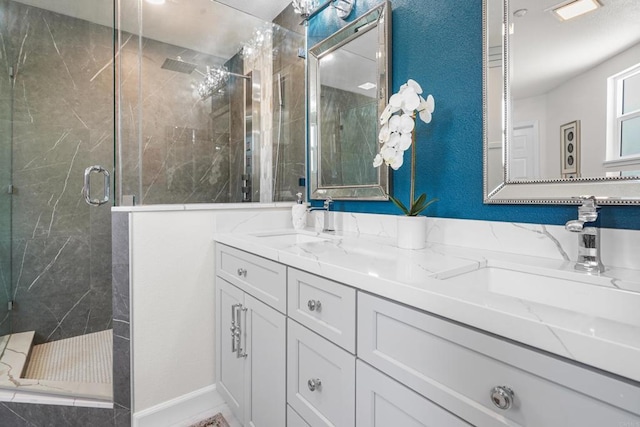 8749 Fairoaks Ct, Rancho Cucamonga, CA 91730 - full bathroom with a marble finish shower, double vanity, and a textured wall