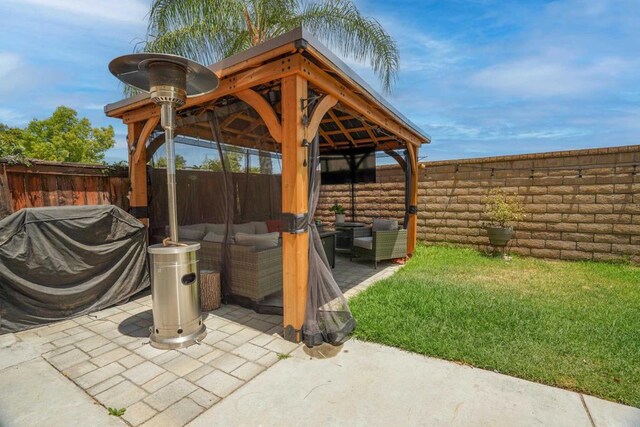 8749 Fairoaks Ct, Rancho Cucamonga, CA 91730 - fenced backyard with outdoor lounge area, a gazebo, and a patio