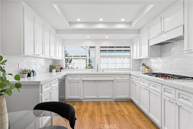 431 Cranston Ct Unit 102, Long Beach, CA 90803 - kitchen featuring stainless steel appliances, light countertops, a tray ceiling, light wood finished floors, and white cabinets