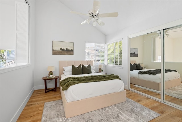 431 Cranston Ct Unit 102, Long Beach, CA 90803 - bedroom featuring light wood-style flooring, a ceiling fan, a closet, and high vaulted ceiling
