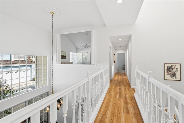 431 Cranston Ct Unit 102, Long Beach, CA 90803 - hall with an upstairs landing, light wood-style flooring, attic access, and recessed lighting