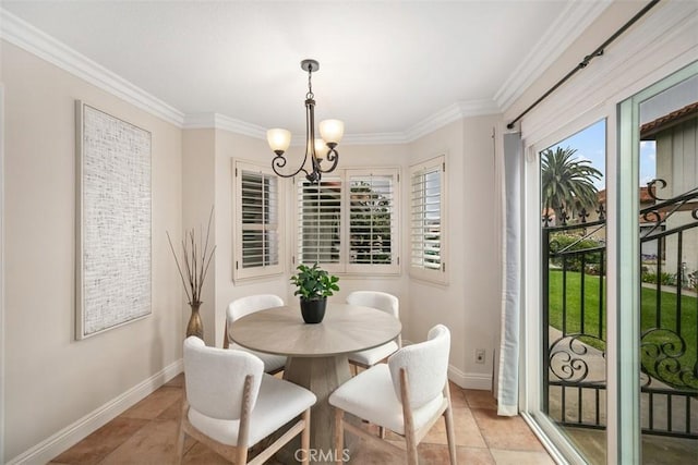 27692 Motherlode Ct, Laguna Niguel, CA 92677 - dining area featuring a chandelier, ornamental molding, and light tile patterned flooring