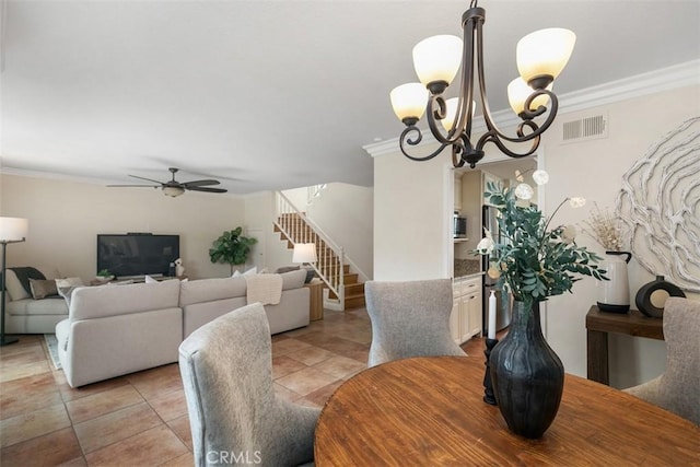 27692 Motherlode Ct, Laguna Niguel, CA 92677 - dining space with crown molding, stairs, ceiling fan, light tile patterned flooring, and a chandelier